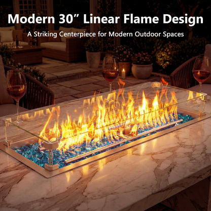 Hisencn 30 x 10 Inch Drop-in Fire Pit Kit, Premium Stainless Steel Modern Fire Trough with Tempered Glass Wind Guard, Built-in Outdoor Table Flame Feature for Patio, Backyard & Entertaining