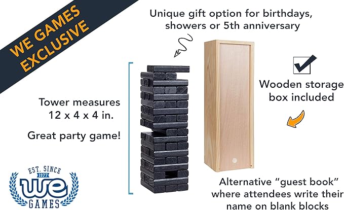 WE Games Wooden Block Stacking Party Game for Adults Tumble Tower Wedding Guest Book Alternative Tabletop Games Includes Storage Case 12 inches