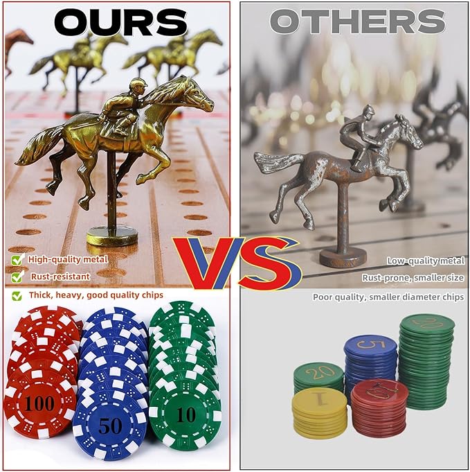 Glintoper Large 21 Horse Racing Game Horse Race Board Games with 11 Luxury Metal Horses Foldable Wood Board with 2 Dices 2 Boxes of Cards 40 Poker Chips Finish Line for Parties