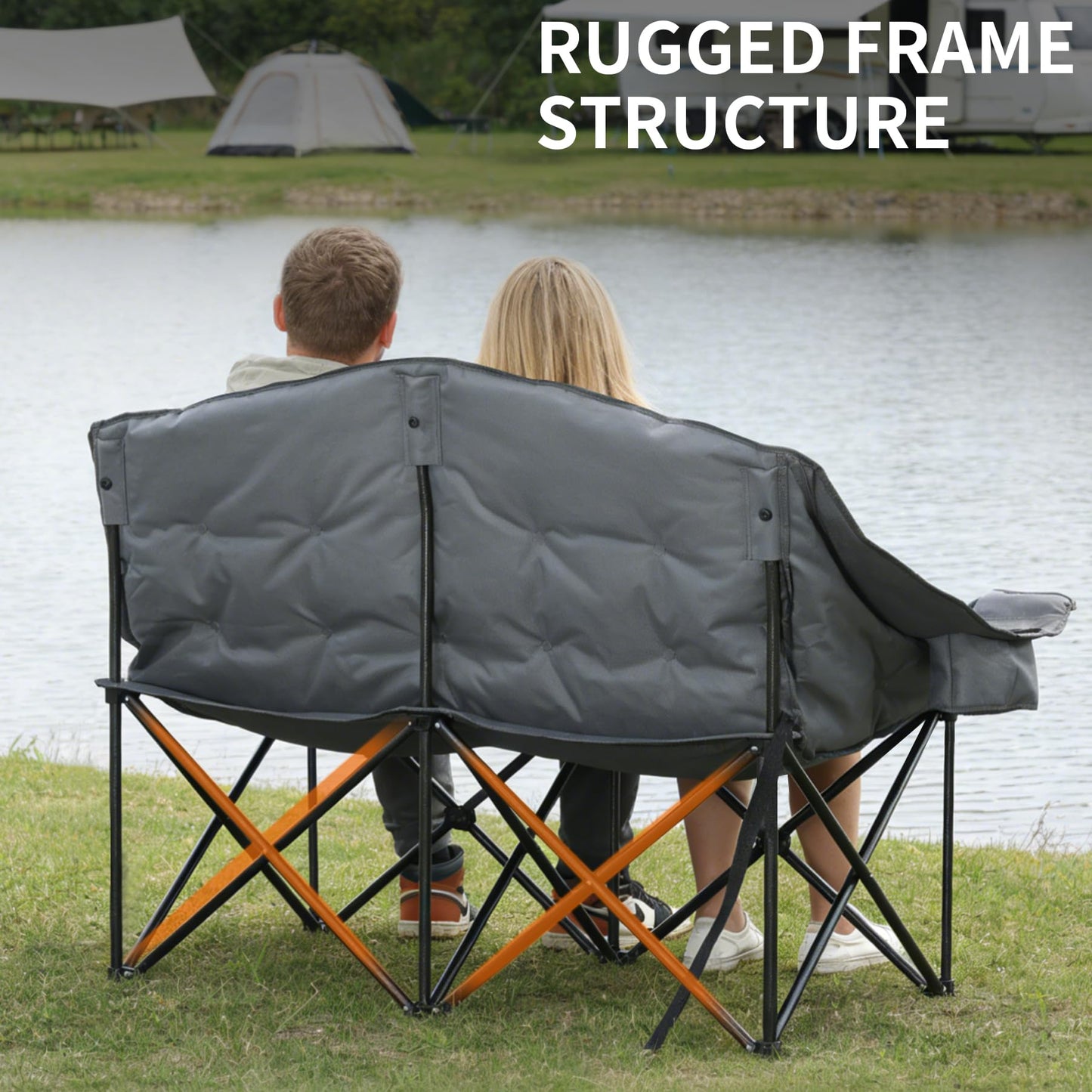 Oversized Double Camping Chair Heavy Duty Padded Double Folding Chair with Cup Holders & Carry Bag Foldable 2 Person Camping Chairs Outdoor Portable Couch for Lawn, Sports - Supports 900LBS Grey