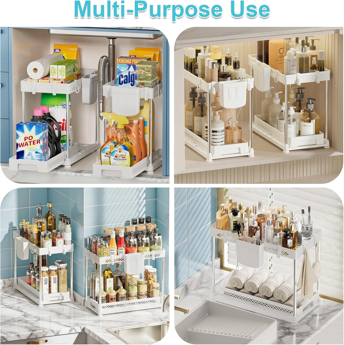 Under Kitchen Sink Organizer - 2-Tier Multi-Purpose Storage Solution | White, 2 Pack with Hooks