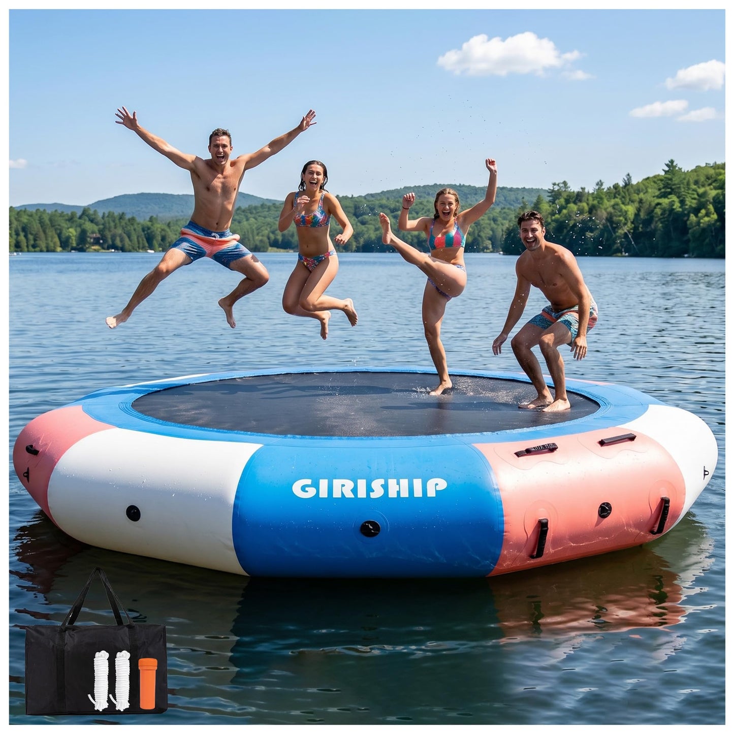 GIRISHIP Inflatable Water Trampoline for Lake, Floating Lake Trampoline for Adults, 8/10/12/15FT Heavy Duty Water Swim Platform for Lake Ocean with Ladder & Ropes (No Pump)