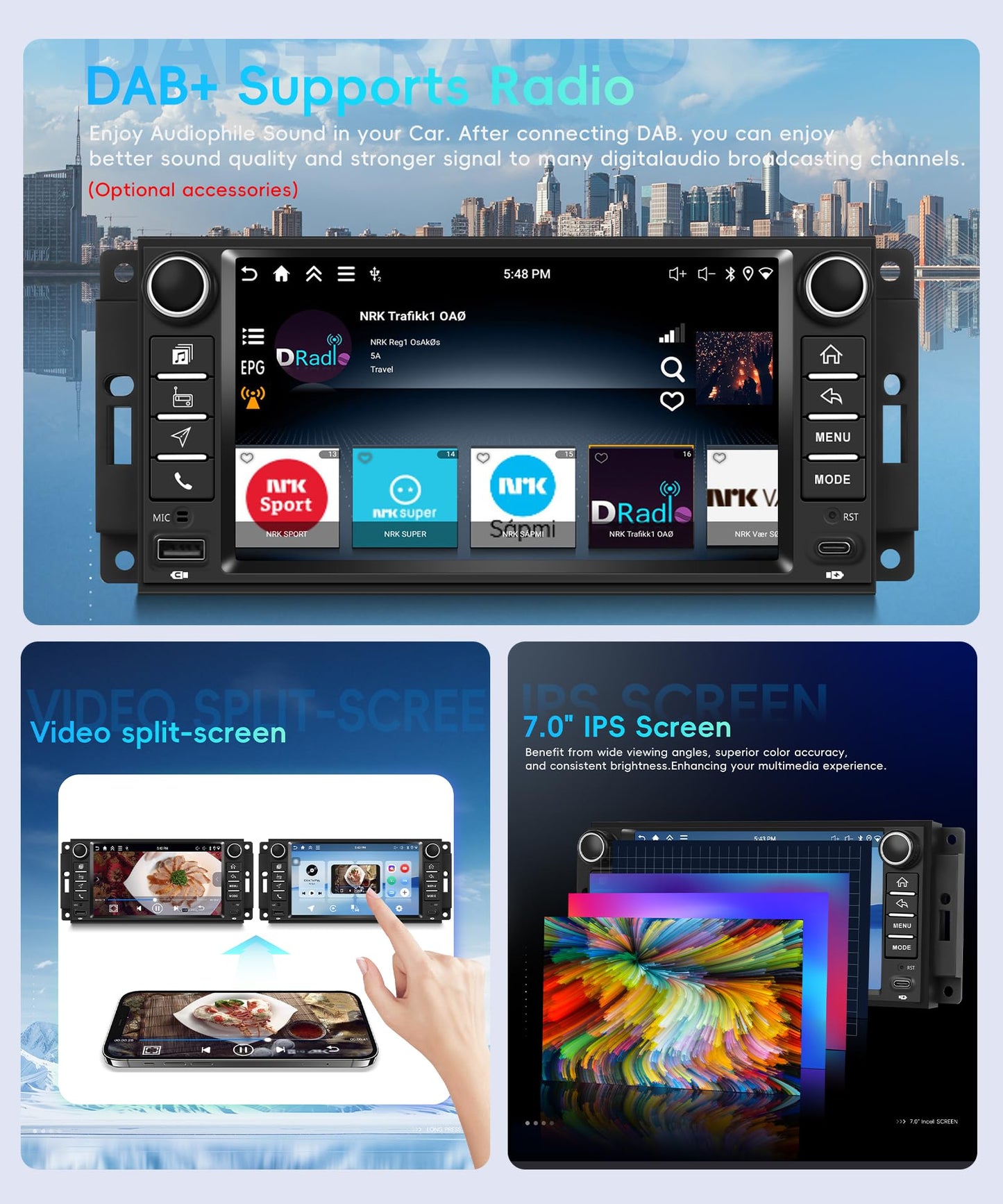 Orderich 4G+128G Android Car Stereo for Jeep Wrangler 2007-2018 & Jeep Compass 2011-2015 with Wireless CarPlay Android Auto, 7 Inch Car Radio GPS Navigation WiFi SWC Bluetooth FM with Backup Camera