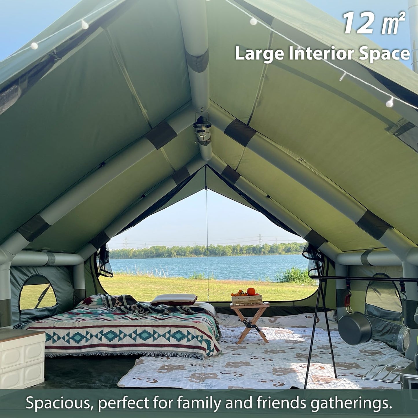 WaldZimmer Inflatable Camping Tent 12sq Green with Hand Pump Easy Setup Waterproof Windproof Outdoor Blow up Tent 6-8 Person Oxford 4 Season Glamping Air Tents Cabin House with Mesh Windows & Door