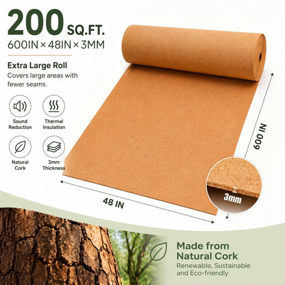 200 Sq. Ft. Cork Roll 48 x 600 Inch Cork Underlayment Roll Sound Insulation Mildew and Moisture Proof for Office Home School DIY Supplies(3mm Thick)