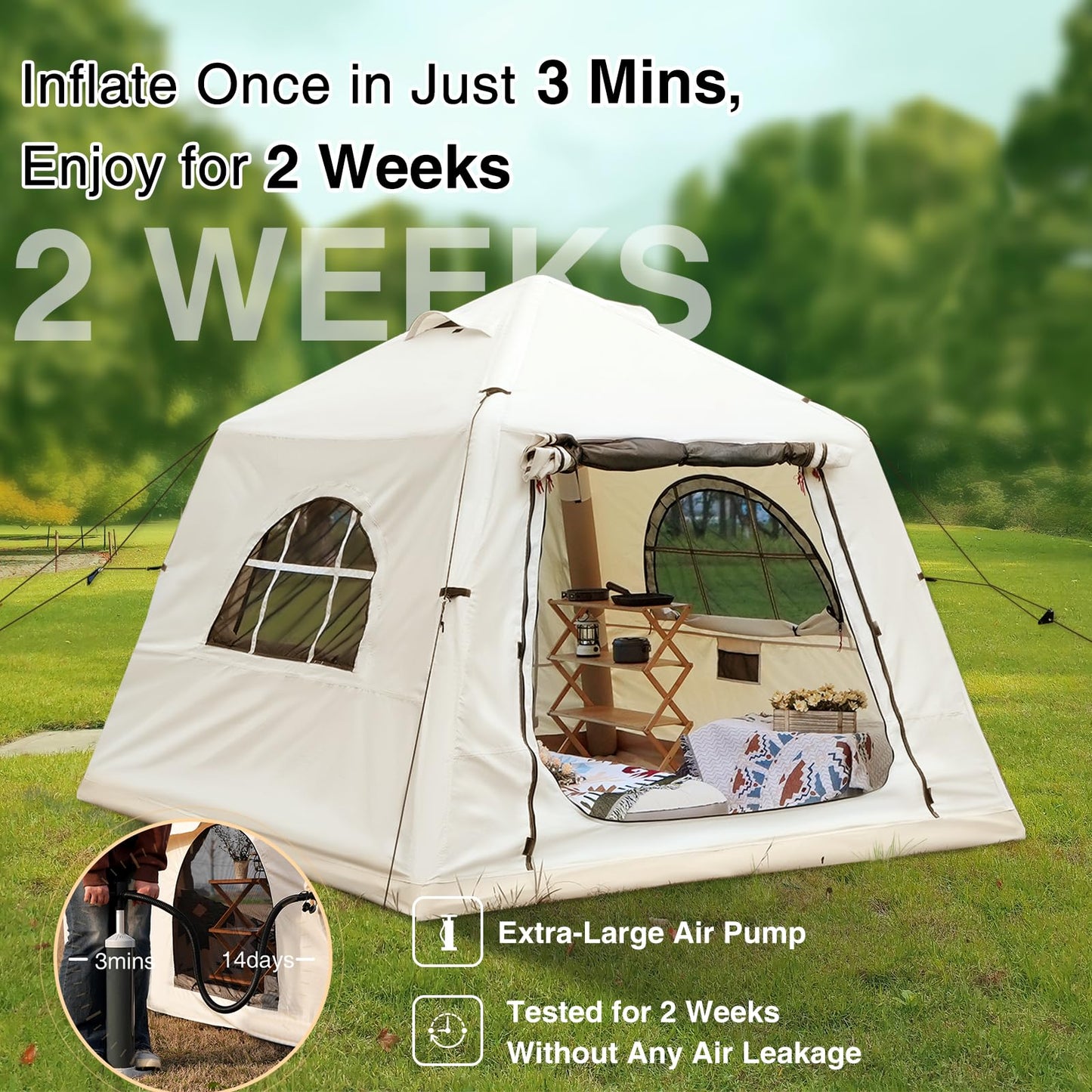 KNUO Inflatable Tent for Winter Camping 7.8x7.8ft Blow Up Air Tents, No Assembly Needed Luxury Glamping Tent for 1/2/3 People, Waterproof Oxford, Beige
