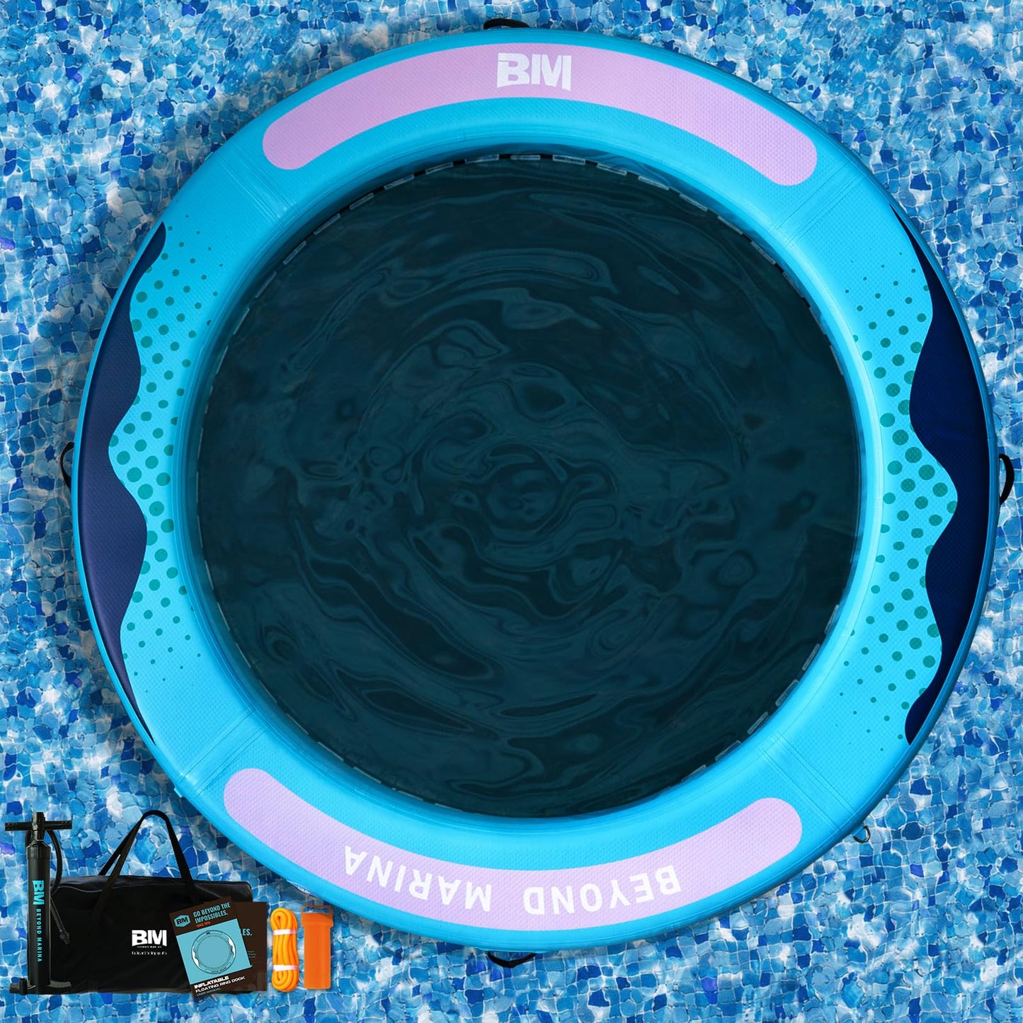 BEYOND MARINA Inflatable Water Hammock Floating Air Dock River Float with Mesh Heavy Duty Round Ring Raft for Pool Lake Ocean Portable Island Platform Pad 8'*6'*6"
