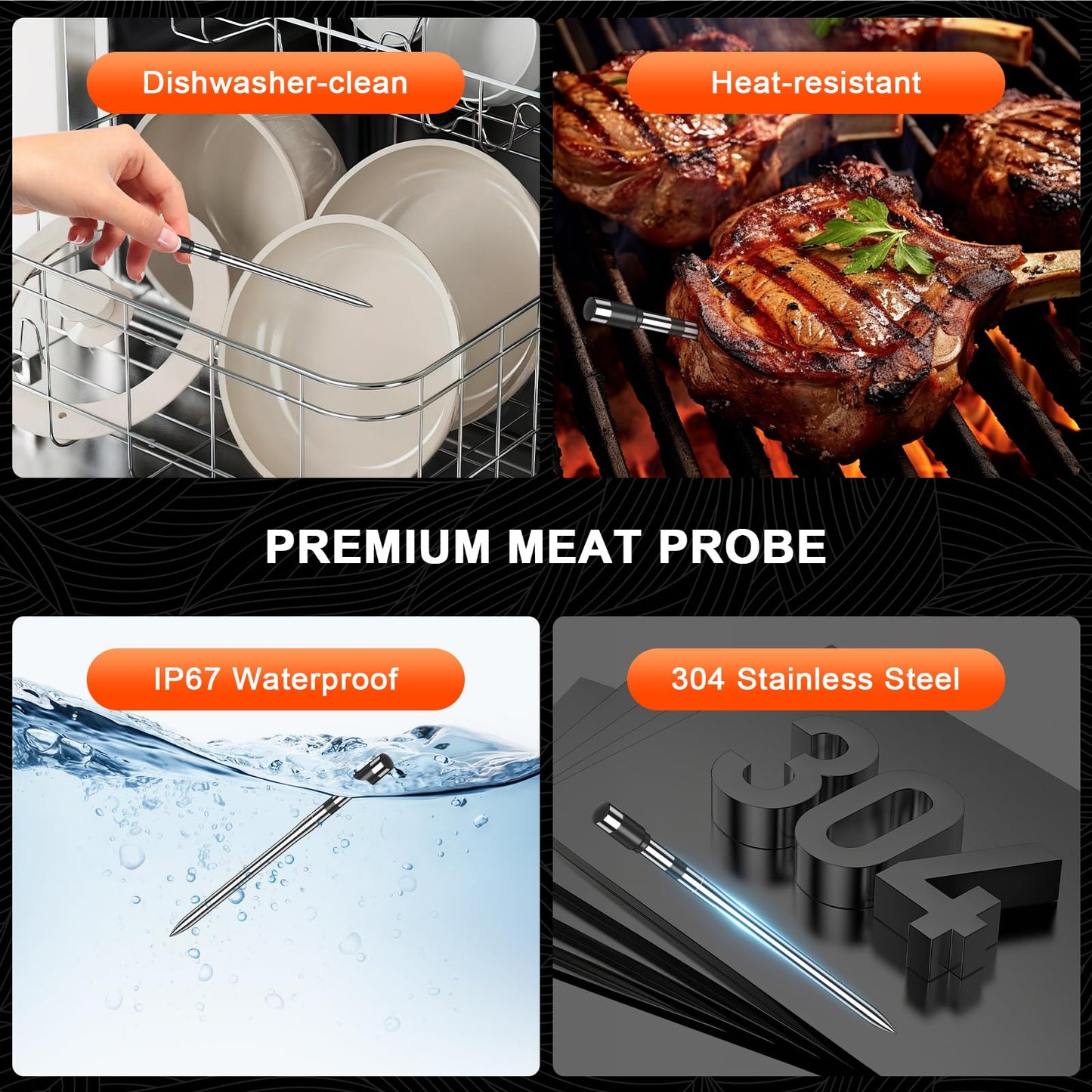 Wireless Meat Thermometer with Smart Timer & APP Alerts, 800ft Bluetooth Grill Food Thermometer, 4 X 0.19In Ultra Thin Probes, ±0.5℉ Accuracy, Big Digital Backlit Screen, for BBQ, Oven, Smoker