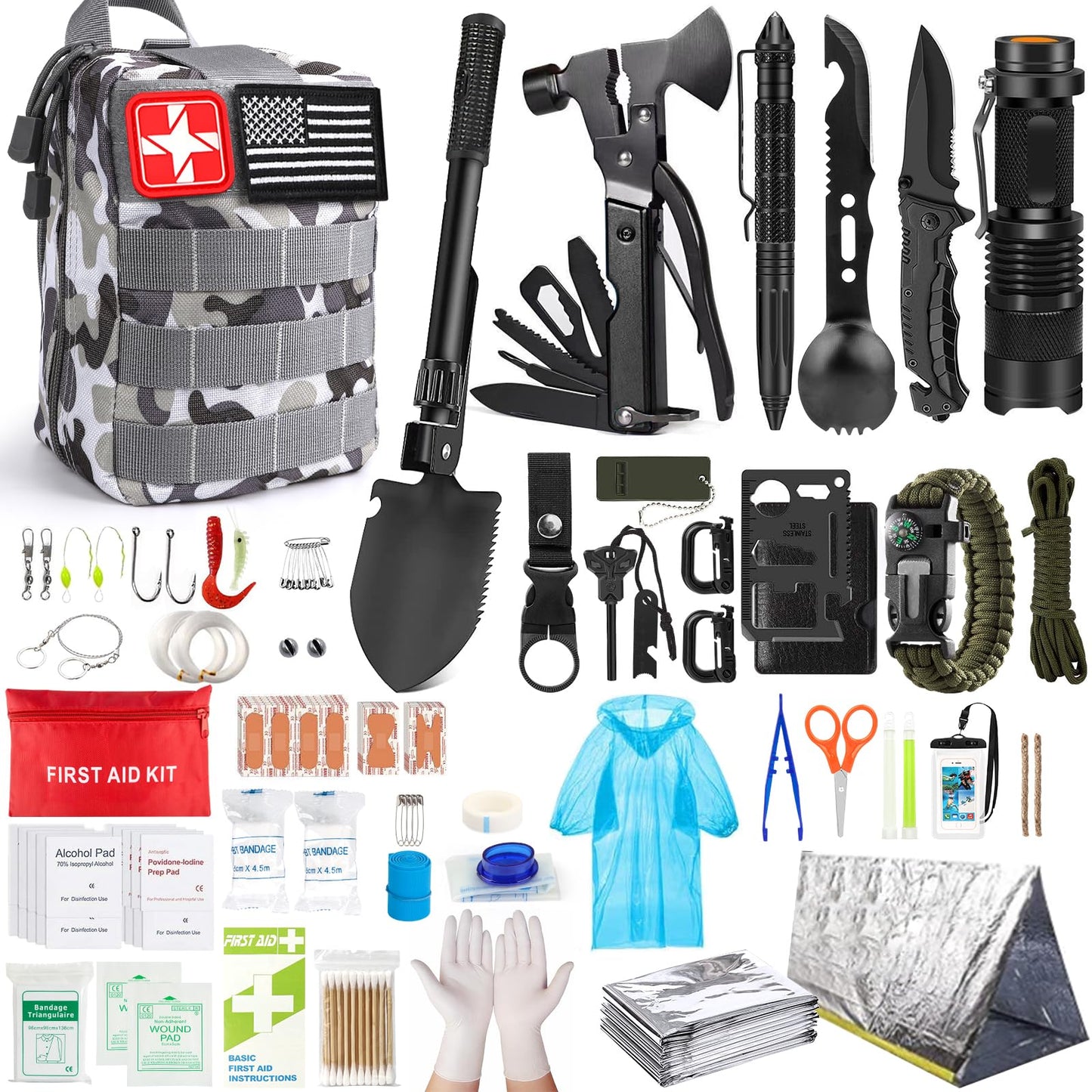 Survival Kit, 251 Pcs Survival Gear First Aid Kit with Molle System Compatible Bag and Emergency Tent, Emergency Kit for Earthquake, Outdoor Adventure, Hiking, Hunting, Gifts for Men Women