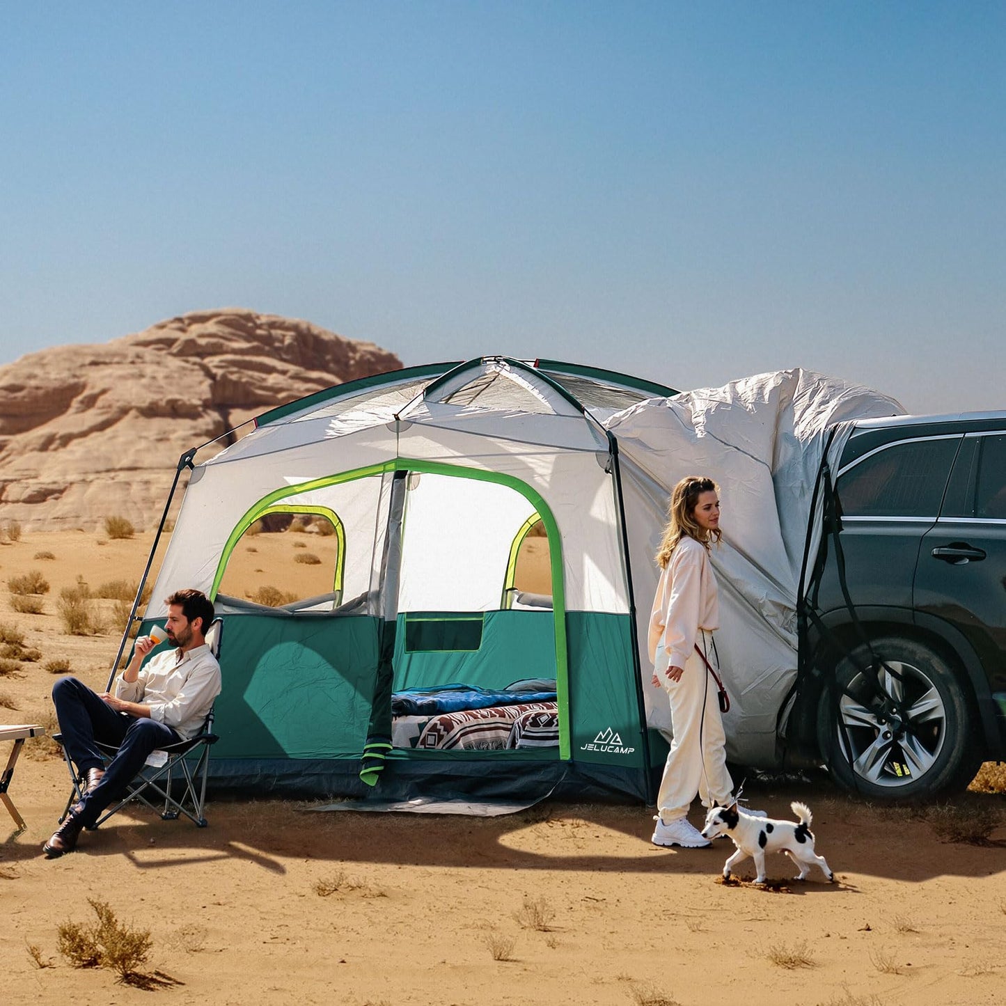 JELUCAMP SUV Tents for Camping 6 Person Waterproof, Car Family Camping Tent with Tailgate Attachment for SUV, Jeep, Truck with Cap, Easy Setup Large Tent for Outdoor Camping, Dark Green