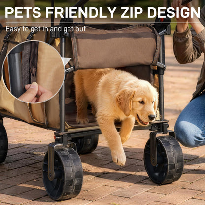 EVER ADVANCED Folding Push Wagon with Canopy, Portable Shopping Cart with Brakes, Collapsible Wagon Cart with All-Terrain Big Wheels for Camping, Beach, Sports