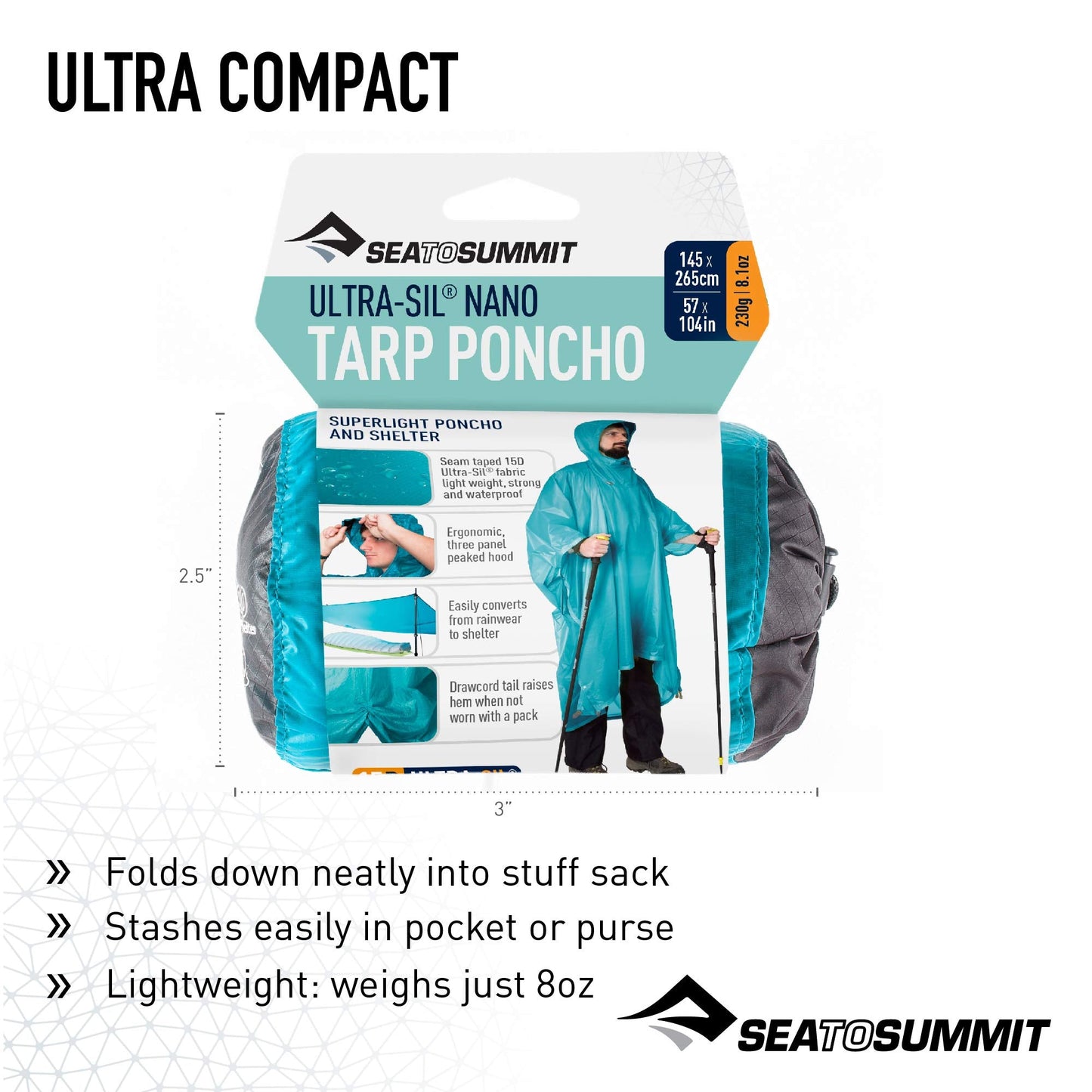 Sea to Summit Ultra-SIL Nano Tarp Poncho 4-in-1 Raincoat, Pack Cover, Groundsheet, and Shelter, Lime