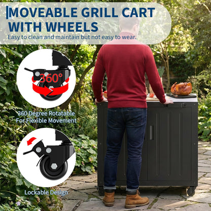 Outdoor Grill Cart with Storage Cabinet, Outdoor Cooking Table, Made Entirely of Stainless Steel, Grill Station for Kitchen Prep, Working Table, Lawn & Garden
