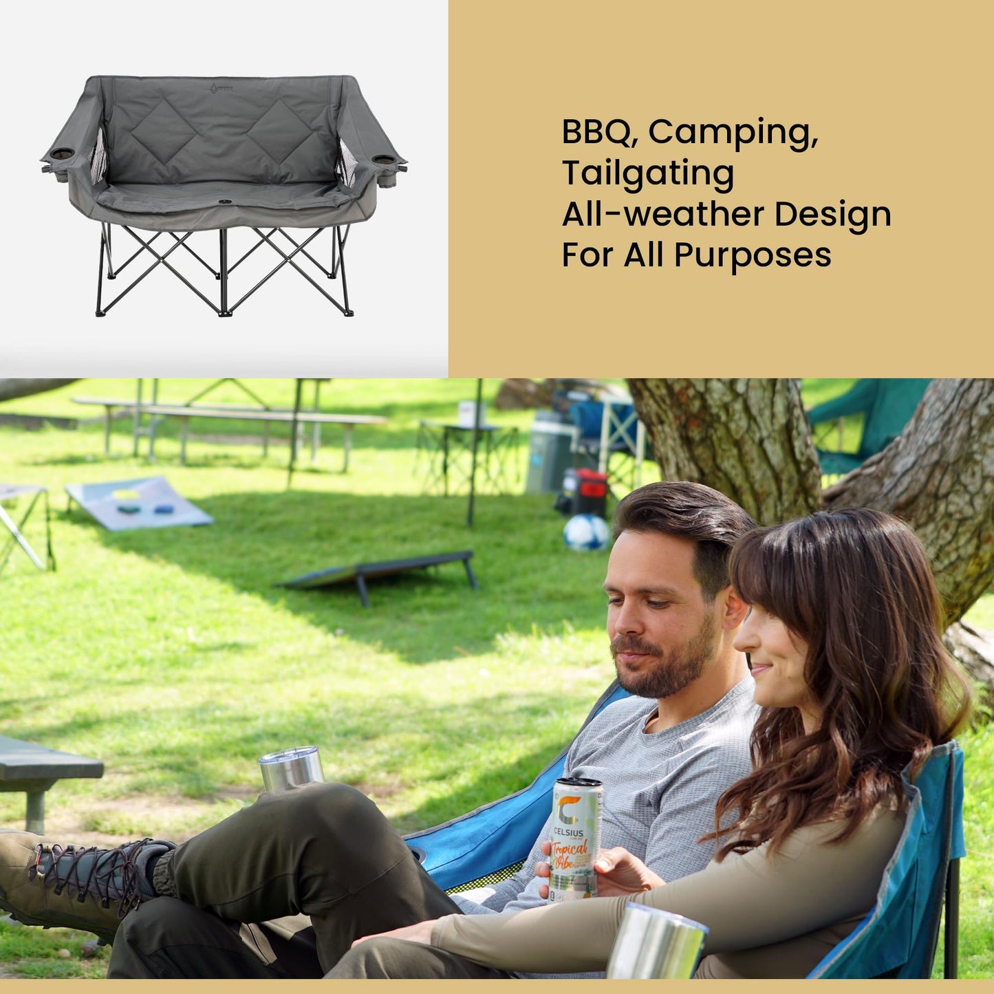 ARROWHEAD OUTDOOR 2-Pack Portable Folding Double Duo Camping Chair Loveseat w/ 2 Cup & Wine Glass Holder, Carrying Bag, Supports up to 650lbs