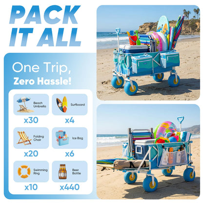 Sekey Heavy Duty Beach Wagon with 9" Big Sand-Proof Wheels, 300L Oversized Foldable Beach Cart with Cooler| Adjustable Handle & Balloon Tires for Sand, Camping,Vacation
