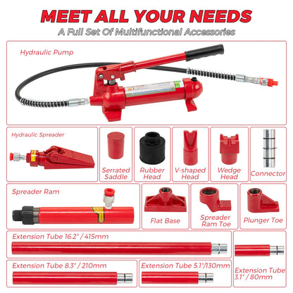 4 Ton Porta Power Hydraulic Jack Kit, 8800 Lbs Capacity Hydraulic Multifunctional Jack with 3.9 ft/1.2 m Oil Hose, Auto Body Frame Repair Kit, Storage Case, for Car Repair, Truck, Garage