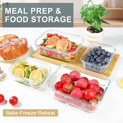 KOMUEE Glass Food Storage Containers Set - 4 Pack of 52oz & 22oz | Airtight, BPA-Free, Leak Proof
