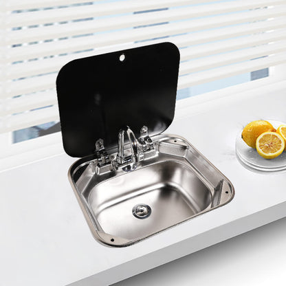 E EZEXPREZE RV Sink Stainless Steel Kitchen Hand Wash Basin Sink with Folded Faucet Tempered Glass Lid Washbasin for Camper Trailer Caravan (Sink with Faucet U)