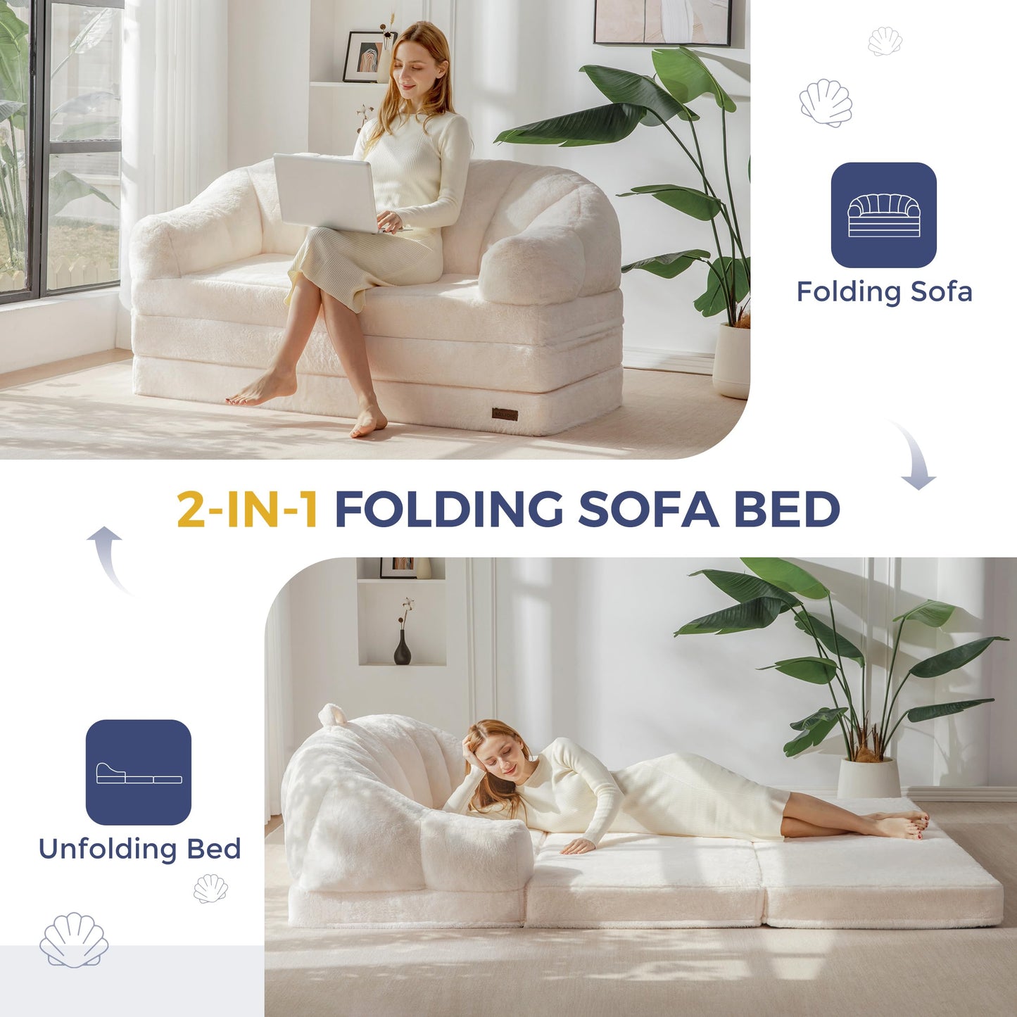 MAXYOYO Folding Sofa Bed, 2 in 1 Convertible Sofa to Lounger Comfy Loveseat Bean Bag Chair for Adults, Floor Couch with Handle, Faux Fur Couch Bed for Living Room Bedroom, Beige, Loveseat
