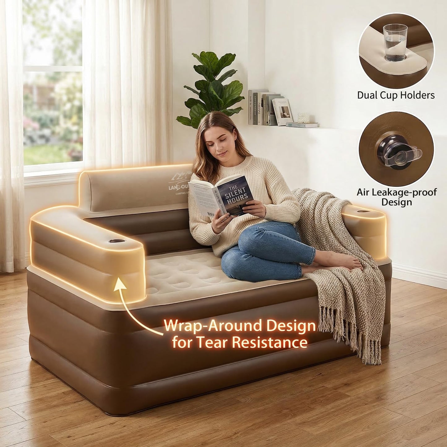 LANMOUNTAIN Inflatable Couch Set with Cup Holders & Pump, Velvety Air Sofa (1 Loveseat 60"x32"x34" & 1 Chair 41"x32"x34") for Camping & Home