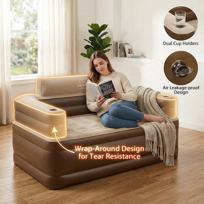 LANMOUNTAIN Inflatable Couch Set with Cup Holders & Pump, Velvety Air Sofa (1 Loveseat 60"x32"x34" & 1 Chair 41"x32"x34") for Camping & Home