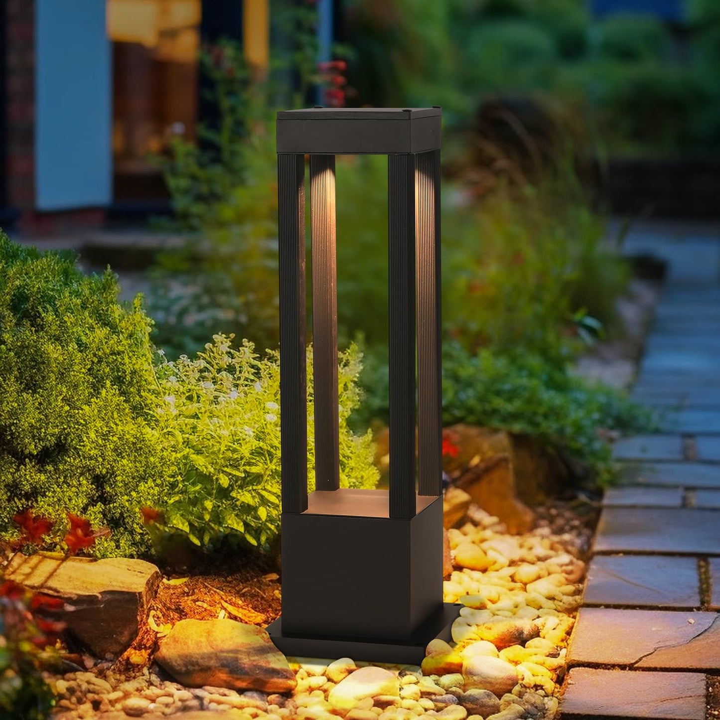 SLAWA Outdoor LED Post Light 23.62" Black Square Exterior Lawn Path Lights with 3000K Warm Light Aluminum Landscape IP65 Waterproof Lantern Column Lamp Patio Courtyard Walkway Garden Bollard Lighting