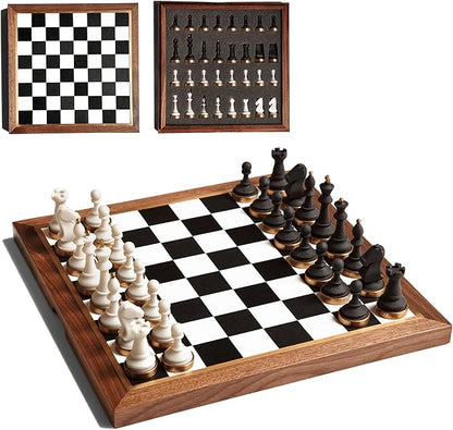 Luxury &amp Decorative Wooden Chess Set Walnut Leather Chess Board with Weighted Chess Pieces Unique Deluxe Wooden Chess Gifts for Board Game Lovers Handmade Chess Set with Storage