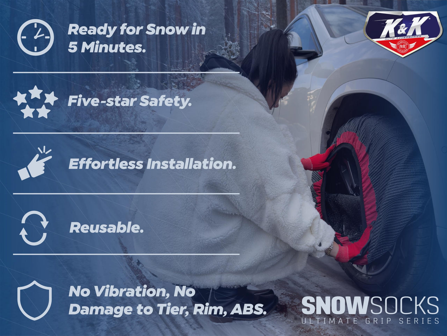 K&K Auto Snow Socks for Tires – Pro Series for Ultimate Grip Approved Snow Chain Alternative Traction Device – Tire Sock for Pickup Truck SUV Van – Winter Travel Accessory Emergency Kit – 3XL (2pcs)