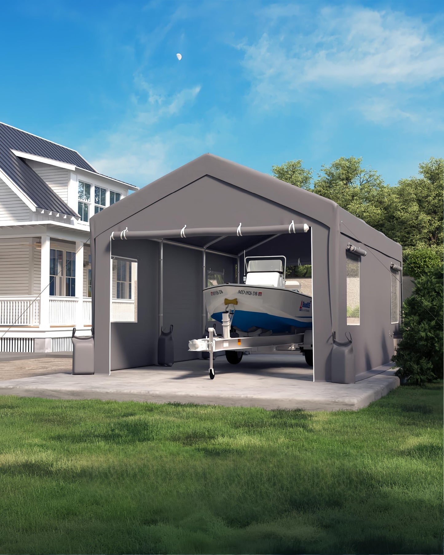 10X20 ft Heavy-Duty Metal Carport with Roll-Up Doors & 4 Windows, All Weather Extra Large Car Port, 200 g PE Tarp Cover Portable Garage for SUV, Sedan, Boat, Motorcycle & ATV Storage Shelter, Grey