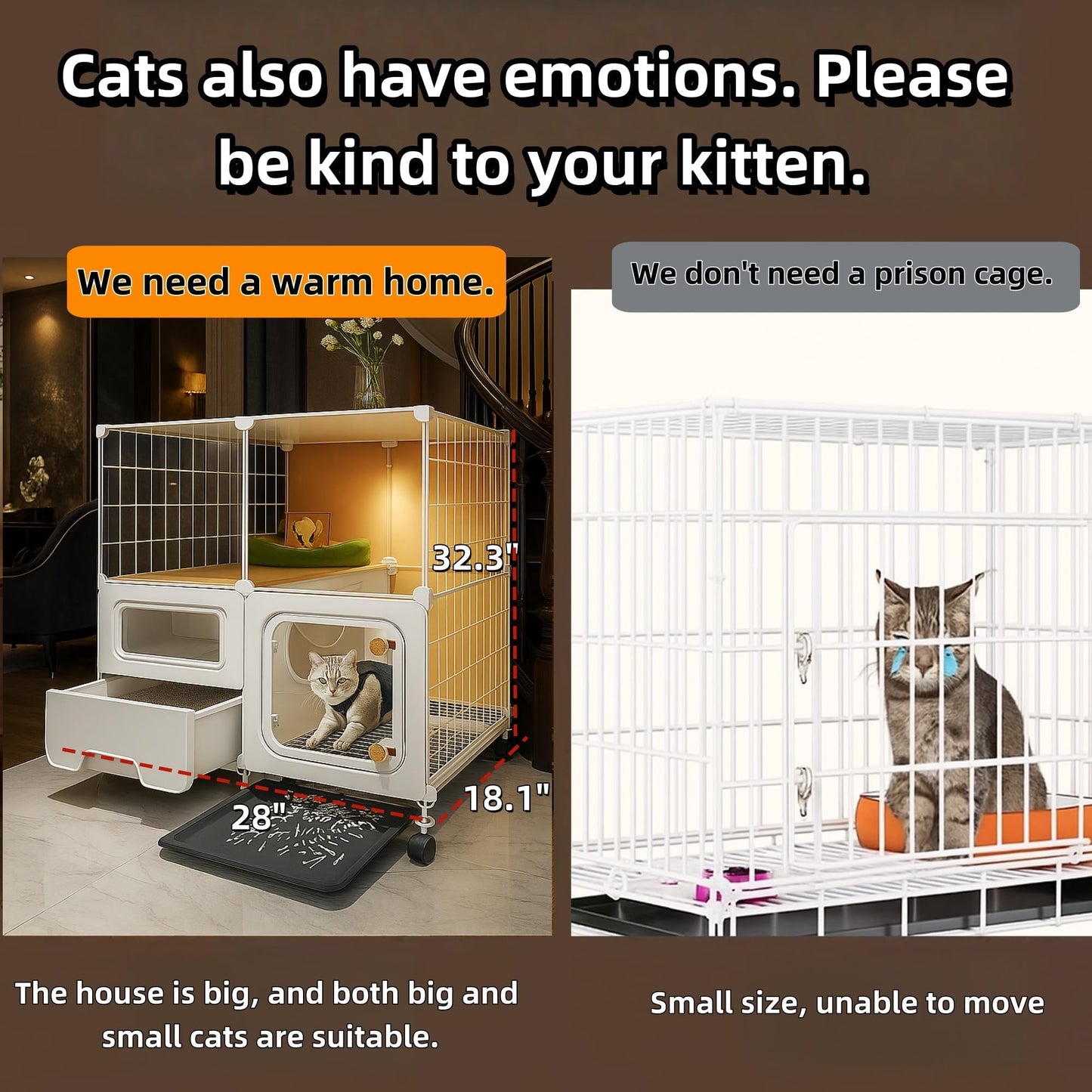 cat cage Indoor with Litter Box, Complimentary Bed, Bowl,Cleaning Three piece Set,cat Enclosure, Kennel,Pet Cage, Cat House with Wheels(28″(L) x18.1″(W) x32.3″(H)