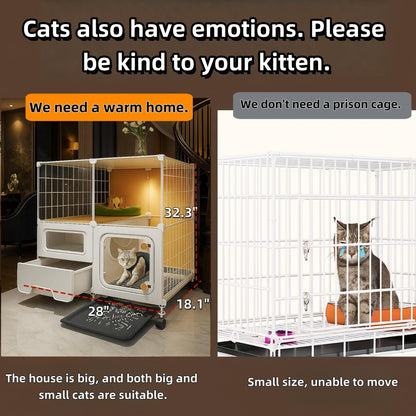 cat cage Indoor with Litter Box, Complimentary Bed, Bowl,Cleaning Three piece Set,cat Enclosure, Kennel,Pet Cage, Cat House with Wheels(28″(L) x18.1″(W) x32.3″(H)