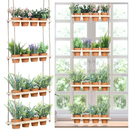 FillTouch 4 Tiered Window Plant Shelves Hanging Herb Planter Indoor Display with 16 Pcs Flower Pots Wood Window Plant Hanger for Grow Herbs Succulents Microgreens Seedling Organization