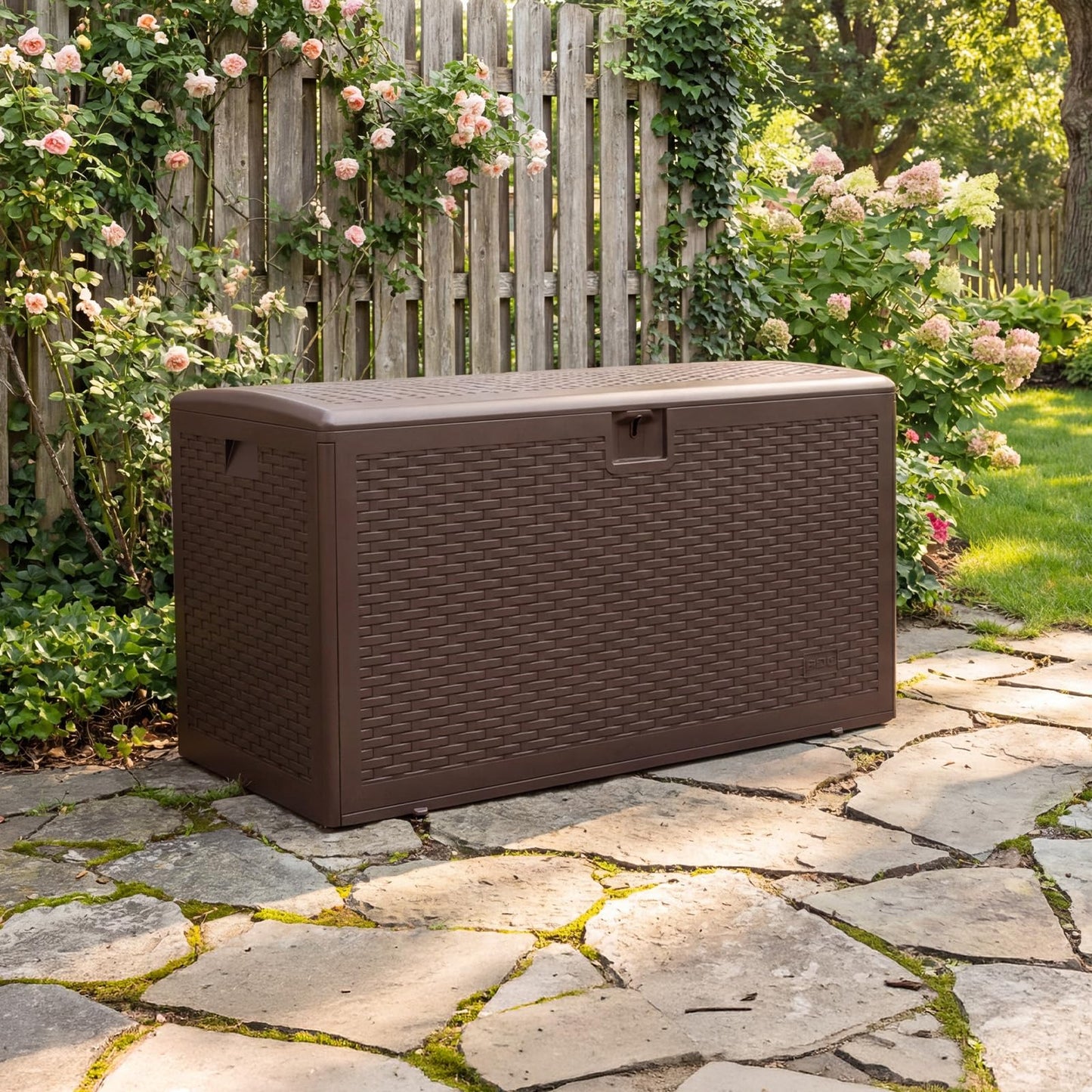 99 Gallon Waterproof Large Resin Deck Box Indoor Outdoor, Lockable Storage Container for Patio Furniture Cushions, Throw Pillows, Garden Tools, and Pool Floats, Brown