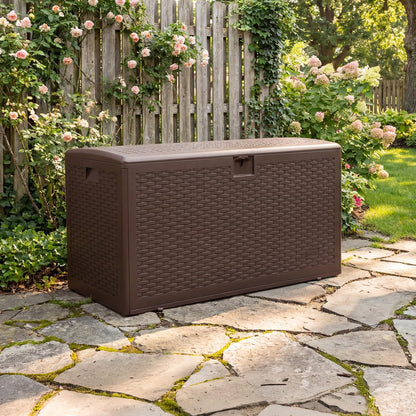 99 Gallon Waterproof Large Resin Deck Box Indoor Outdoor, Lockable Storage Container for Patio Furniture Cushions, Throw Pillows, Garden Tools, and Pool Floats, Brown