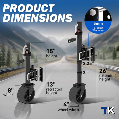 TOWKING 8-inch Wheel Trailer Jack, 13" Vertical Movement, 2000 lbs, for RV, Boat, Trailer and More, Black