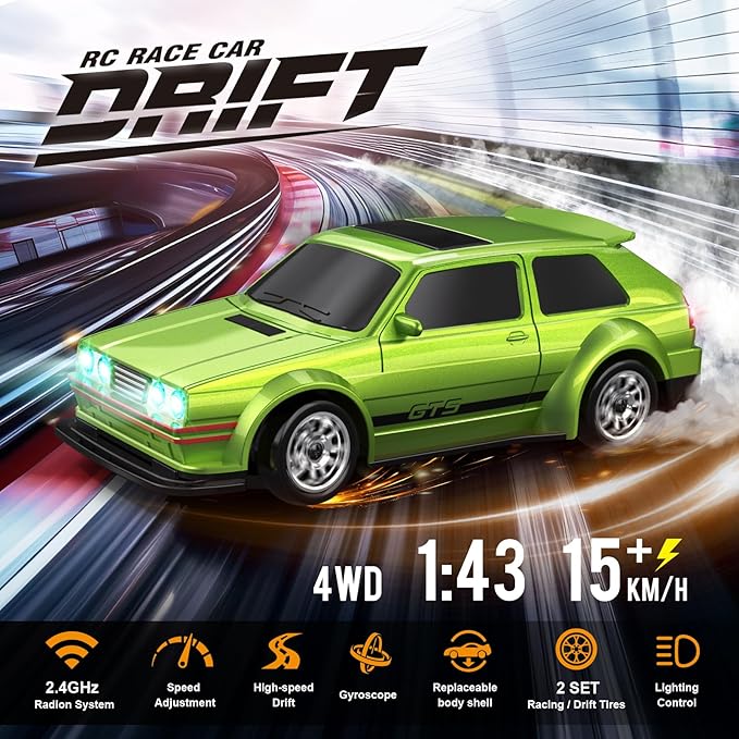 Mini RC Drift Car 1/43 with Gyroscope 4WD Full Proportional RC Car 2.4GHZ Hobby Grade Remote Control Cars RTR Model Vehicle 20+KM/H High Speed for Hobbyists Kids Adults (Lime Green)