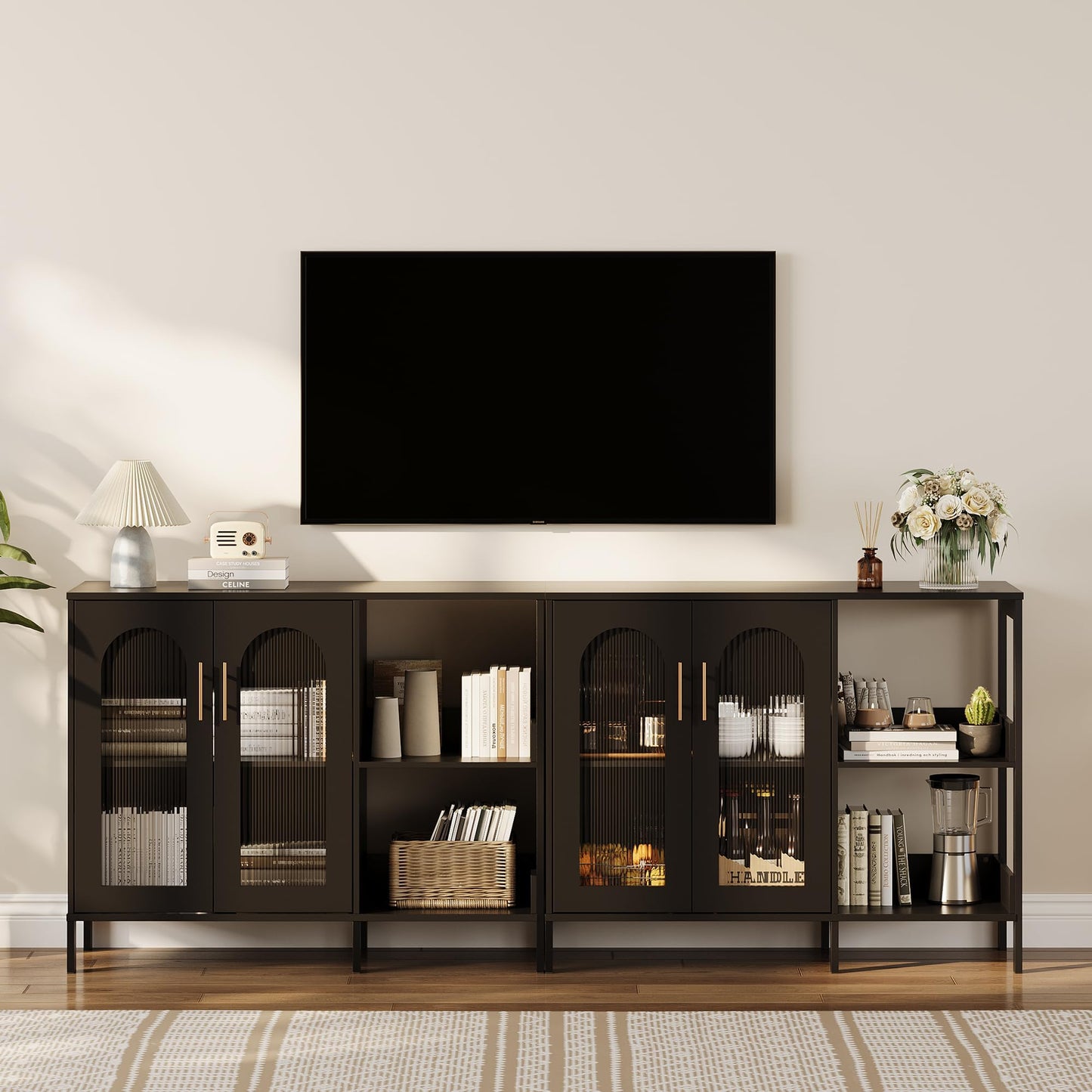 GarveeHome Glass Door Sideboard Cabinet, Modern Storage Buffet with Metal Handles and Adjustable Shelves, Solid Wood Frame Display Cabinet for Living Room, Dining Room, Kitchen, Entryway, Black