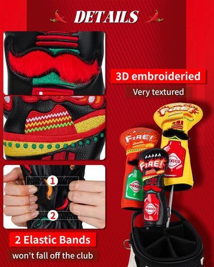 Golf Headcovers Golf Club Head Covers Chili Peppe - Mexico Style Premium Leather Driver Fairway(FW) Wood Hybrid(UT) with Number Tags Taco Fire Chili Sauce Pattern (Hybrid Head Cover)