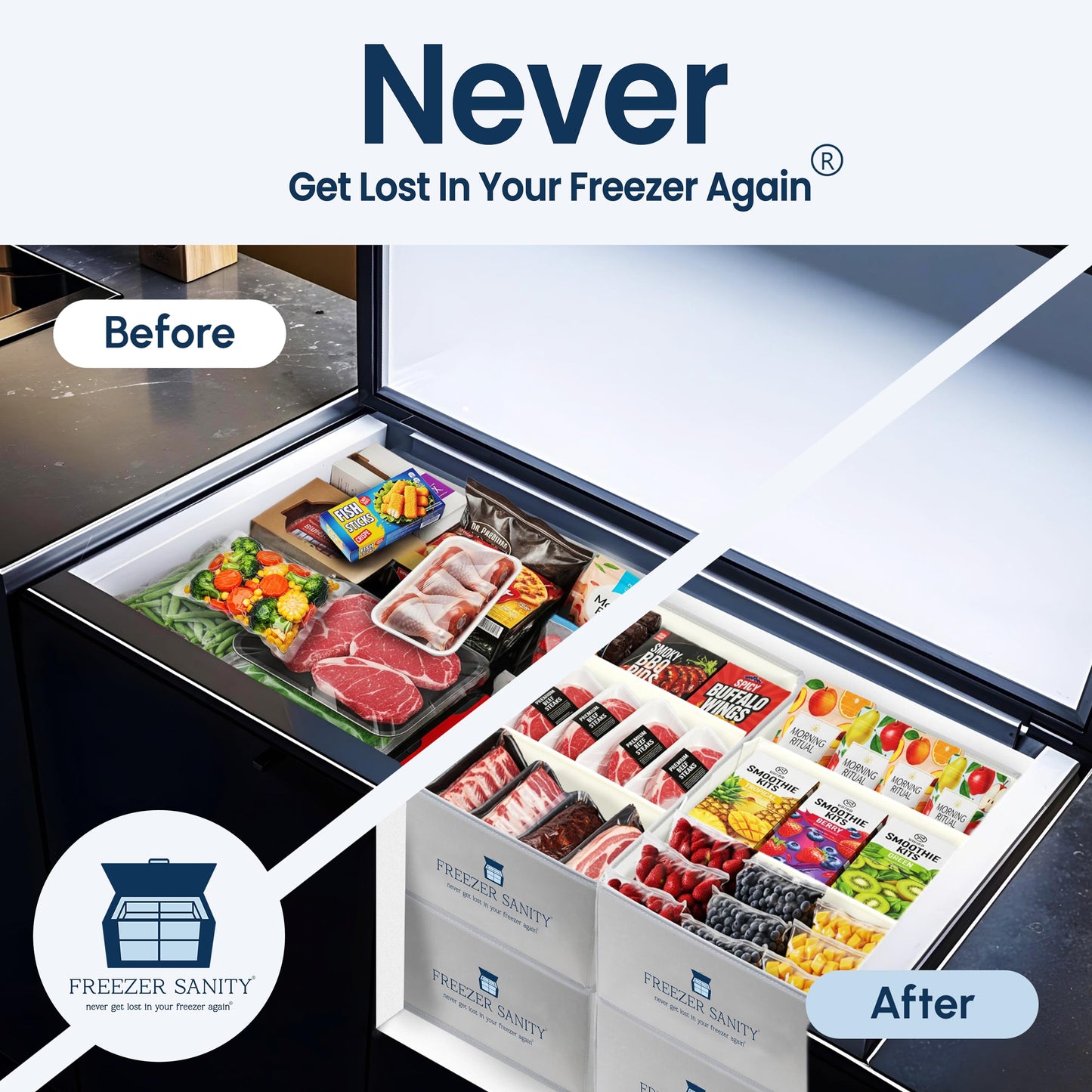 FREEZER SANITY The Original Chest Freezer Organizer Bins, Stackable Storage Organizers, Deep Freezer Dividers, Handles, Heavy-Duty, Waterproof (Large 19x14x9)