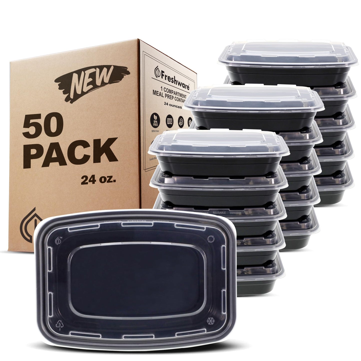 Freshware Meal Prep Containers [300 Pack] 1 Compartment with Lids, Food Storage Containers, Bento Box, BPA Free, Stackable, Microwave/Dishwasher/Freezer Safe (24 oz)