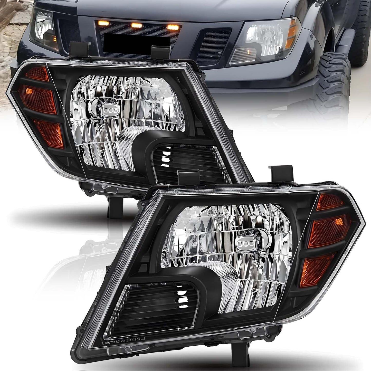ISHARINGAUTOPARTS Headlights Assembly Compatible with 2009-2021 Nissan Frontier Halogen Head Lamps Black Housing Amber Reflector, Replace #26060ZL40A, 26010ZL40A Driver and Passenger Side