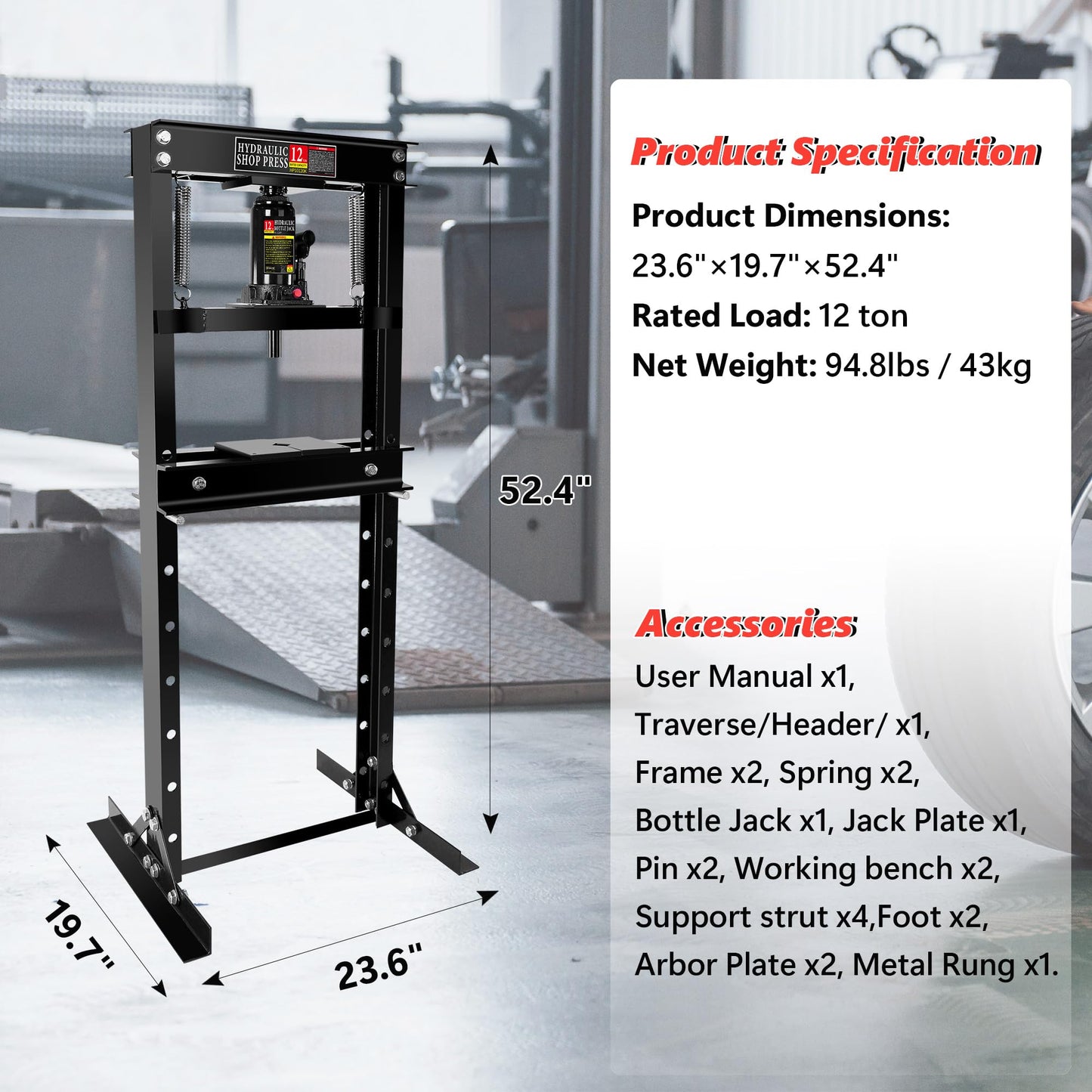 Hydraulic Shop Press,12 Ton H-Frame Garage Floor Adjustable Shop Bearing Press with Stamping Plates to Bend, Straighten, Or Press Parts, Install Bearings & U-Joints