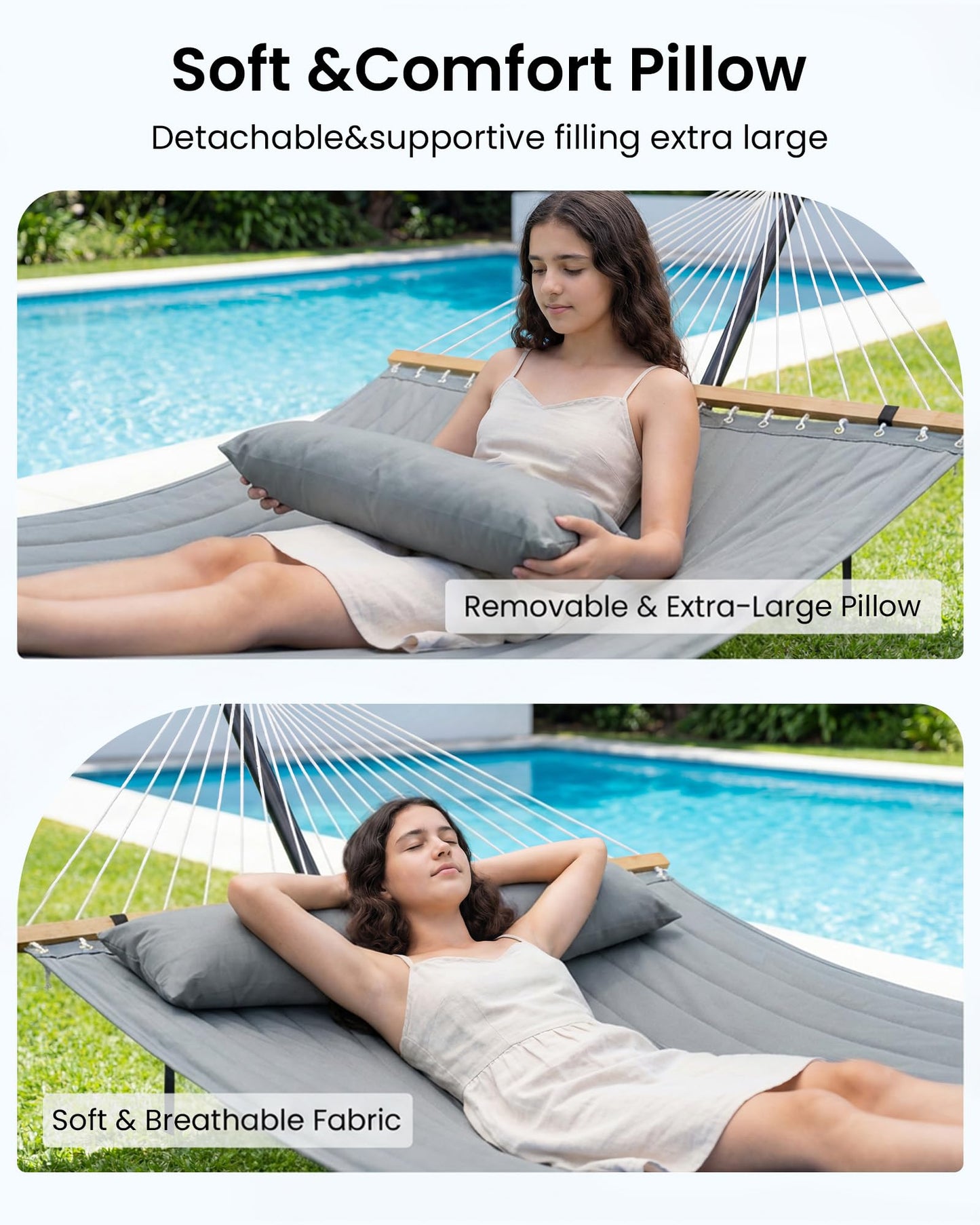 ANAGOO Double Hammock with Spreader Bar & Pillow, 2-Person Portable Hammock, 500lbs Capacity for Outdoor Camping, Patio, Backyard, Garden, Beach & Travel Relaxation – Gray