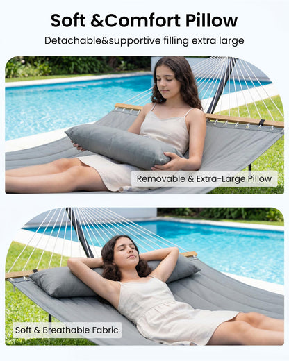ANAGOO Double Hammock with Spreader Bar & Pillow, 2-Person Portable Hammock, 500lbs Capacity for Outdoor Camping, Patio, Backyard, Garden, Beach & Travel Relaxation – Gray