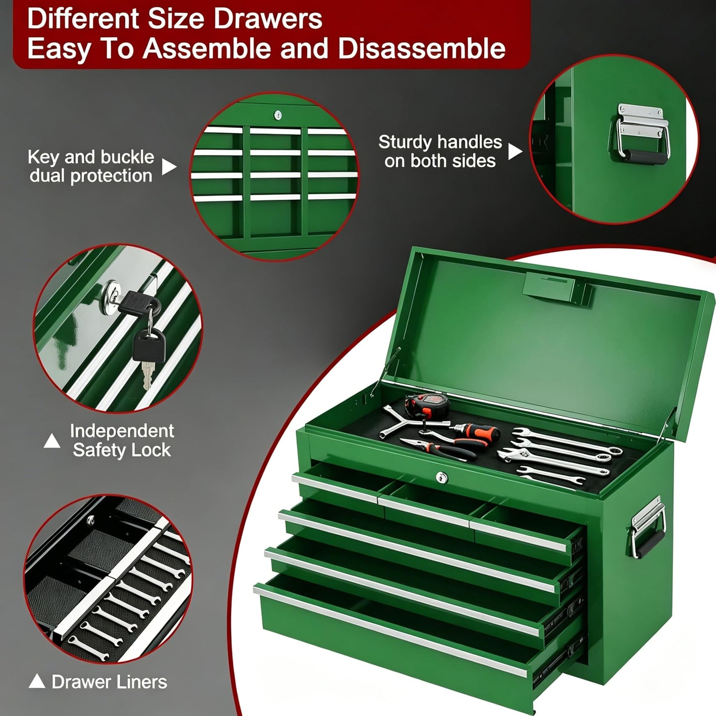 Heavy Duty 8 Drawer Tool Chest, Rolling Tool Box Cabinet on Wheels, 2-in-1 Detachable Metal Tool Storage Organizer for Garage and Workshop, Locking Steel Tool Cart with Portable Top Tool Box, Green