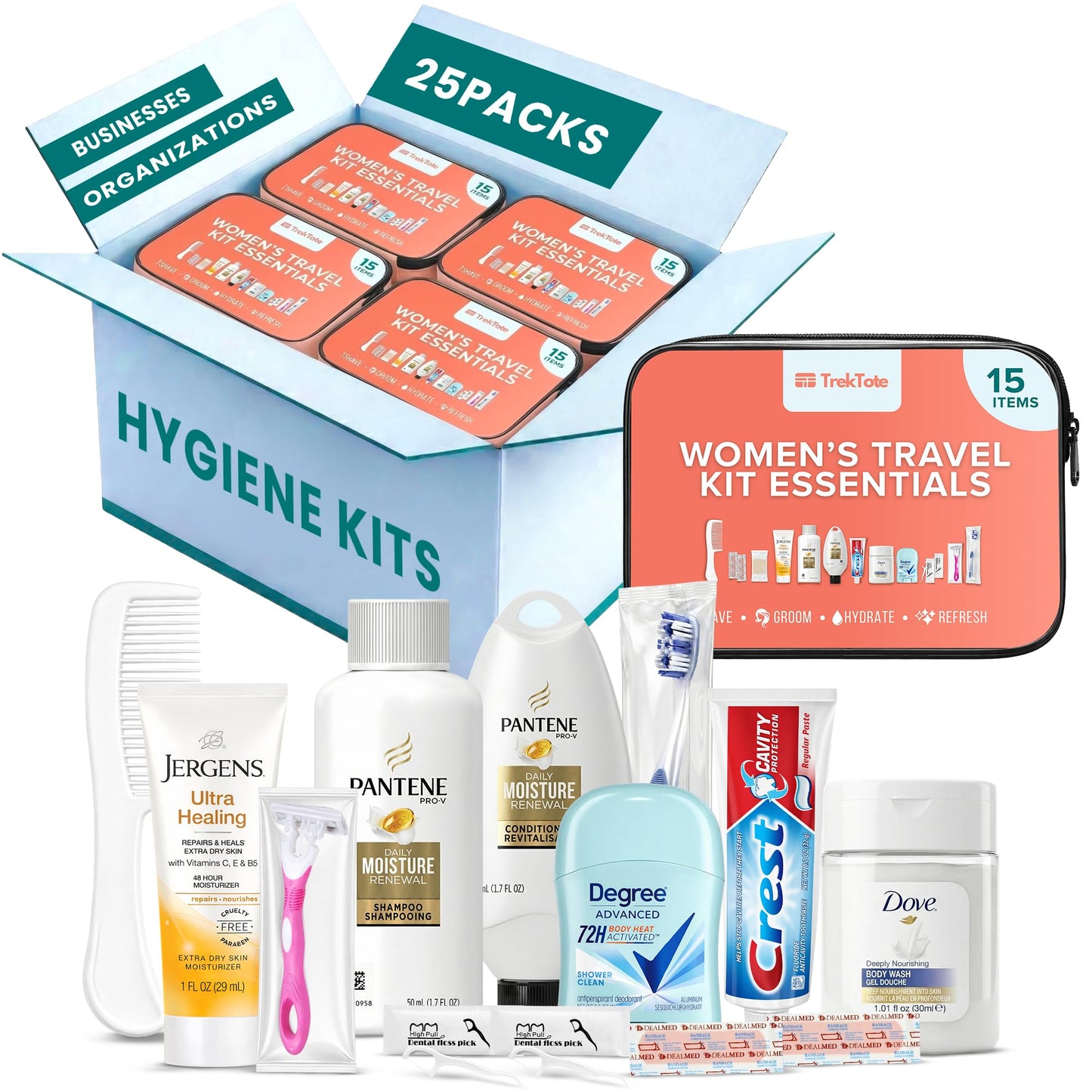 TrekTote Bulk Women’s Hygiene Kits 15 Piece Travel Toiletry Kit with Shampoo Conditioner Body Wash Lotion Deodorant Razor Toothbrush Toothpaste Comb Flossers Swabs Bandages Wipes