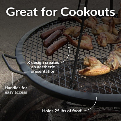 Sunnydaze X-Marks Outdoor Fire Pit Grill Grate for Cooking - Round Fire Pit Grate - Steel Campfire BBQ Grill with Handles - 36-Inch