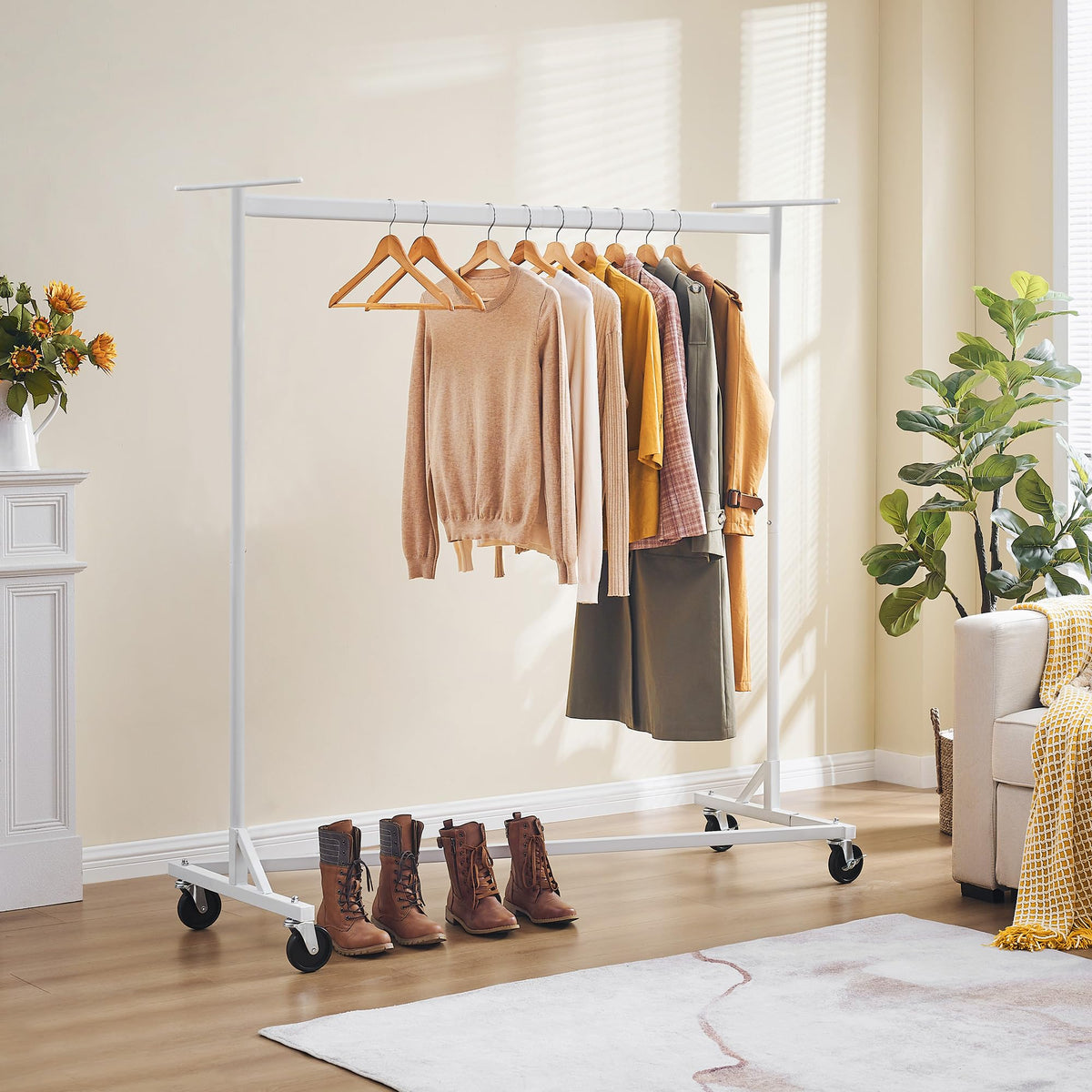Hoctieon Z Clothes Rack with Cover, Metal Heavy Duty Clothing Rack, Rolling Garment Rack with Wheels, with Dustproof Cover Waterproof Protector, with 2 Durable Zippers, for Hanging Clothes, White
