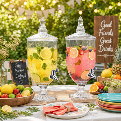 Bokon 2 Pieces 1.3 Gallon Drink Dispensers for Parties Crystal Iced Beverage Dispenser with Stand and Spigot, Glass Liquid Containers Wide Mouth Beverage Server for Juice Tea Wedding(Exquisite)