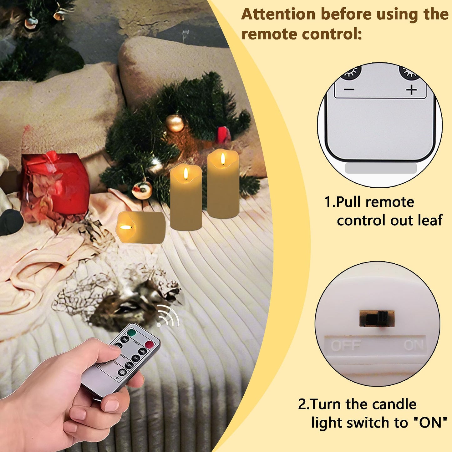 HVOPGEEUAN Flickering flameless Candles, Battery Operated Candles with Remote, led Pillar Candles，Electric Candle Set of 3，Christmas Home Wedding Birthday Decor（Ivory White） ﻿ ﻿